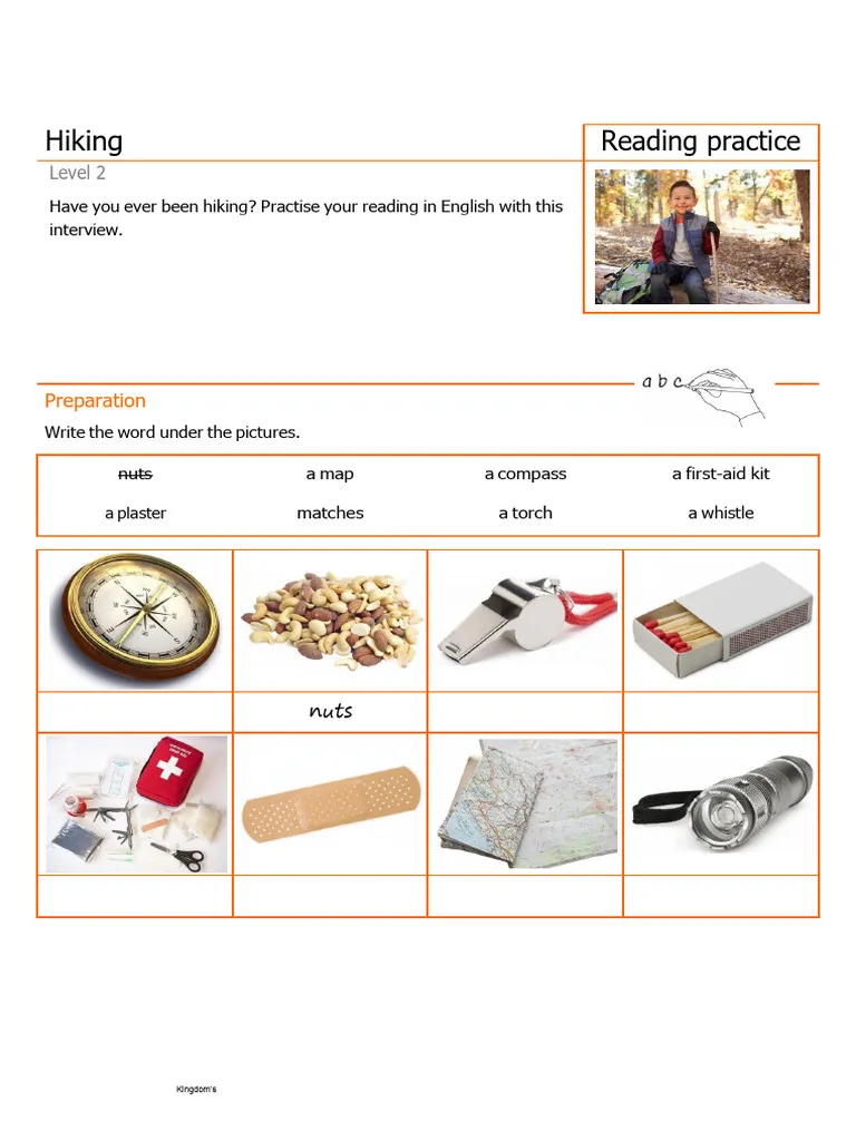 Pictograph displaying the hiking activities of Eric and his friends for the month, designed for second graders. Worksheet illustrating the number of hikes completed by each friend.