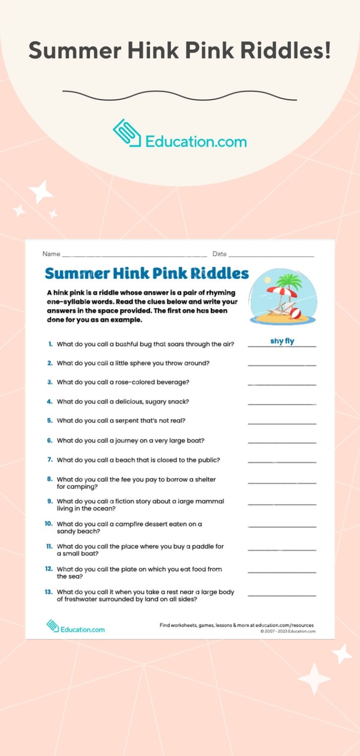 Summer-themed Hink Pink riddles worksheet for sixth grade reading fun
