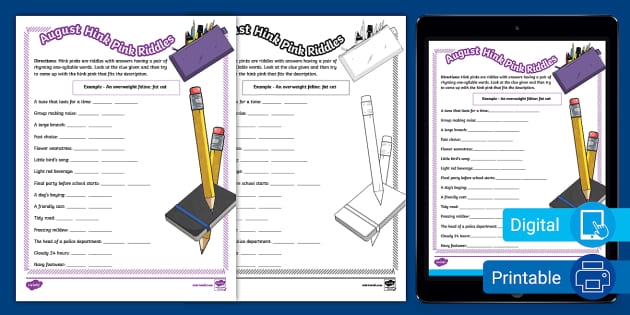 Summer-themed hink pink riddles worksheet for sixth grade reading practice