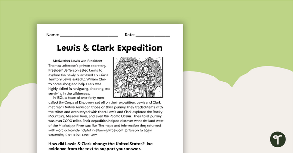 Worksheet image illustrating the challenges faced by Lewis and Clark during their expedition Historical Heroes Lewis and Clark worksheet for fourth graders focused on handwriting skills