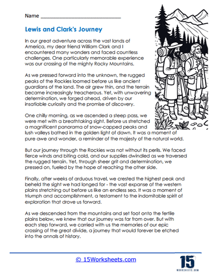 Handwriting practice sheet featuring Lewis and Clark's adventurous journey in history Historical Heroes: Lewis and Clark worksheet for fourth graders focusing on handwriting skills