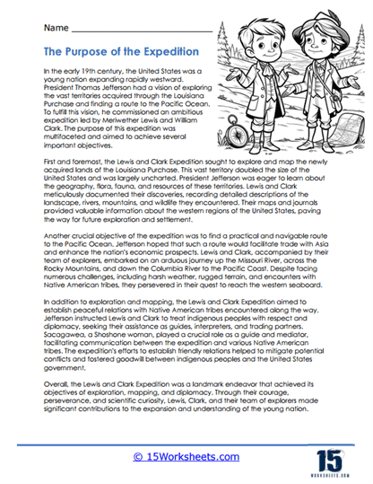 Worksheet image illustrating the adventurous journey of Lewis and Clark Historical Heroes Lewis and Clark worksheet for fourth graders focusing on handwriting skills
