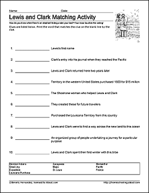 Educational worksheet for fourth graders about the adventures of Lewis and Clark Illustration of a fourth-grade handwriting worksheet focused on Lewis and Clark's historical journey