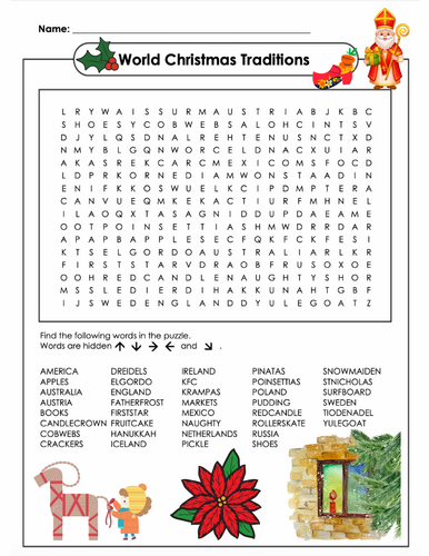 Christmas Around the World Word Search for Second Graders with festive vocabulary puzzle Second Grade Christmas Around the World Word Search worksheet featuring holiday traditions