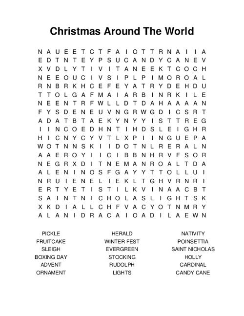 Christmas Around the World Word Search worksheet for young learners exploring global customs Second Grade Christmas Around the World Word Search puzzle featuring holiday traditions