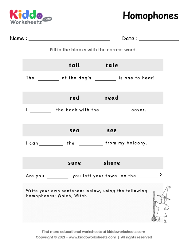 Homophones worksheet for second graders focusing on correct word usage in sentences Second grade student completing a Pick the Homophones worksheet with a word bank