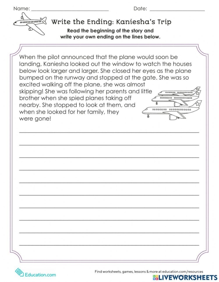 Geometry worksheet for First Grade Worksheet for predicting story endings to enhance reading comprehension in first grade. How Does it End? worksheet for first graders focusing on geometry concepts.