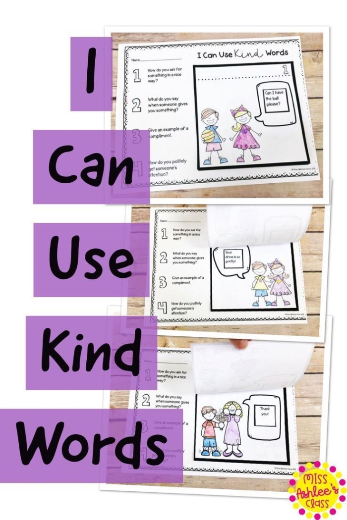 Visual guide for teaching second graders about kind words and their importance in communication Children engaging in activities from the How to Use Kind Words worksheet in a classroom setting