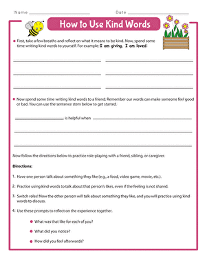 Reading worksheet for Second Grade Worksheet for teaching second graders the importance of using kind words in their interactions. Illustration of the How to Use Kind Words worksheet designed for classroom activities.
