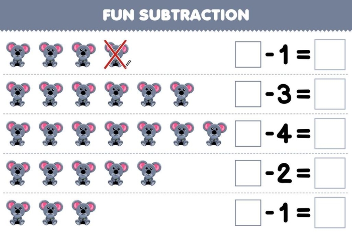 Colorful hula-themed worksheet for third graders practicing subtraction of fractions with like denominators
