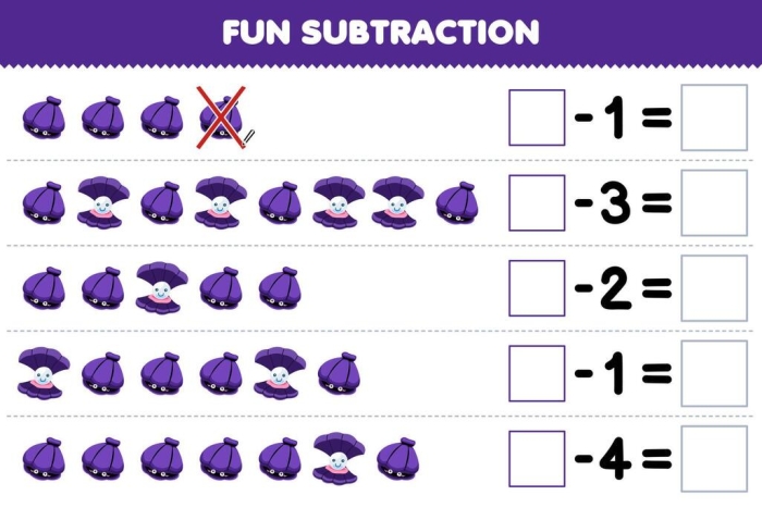 Colorful hula-themed worksheet for practicing subtraction of fractions with the same denominator. Engaging Hula Subtraction worksheet for third graders.