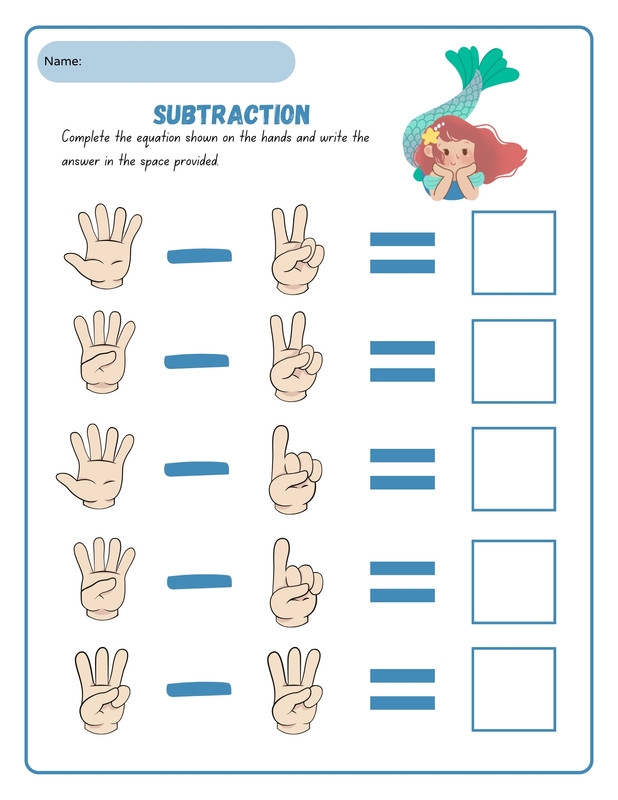 Hula-themed worksheet for third graders focusing on subtracting fractions with the same denominator