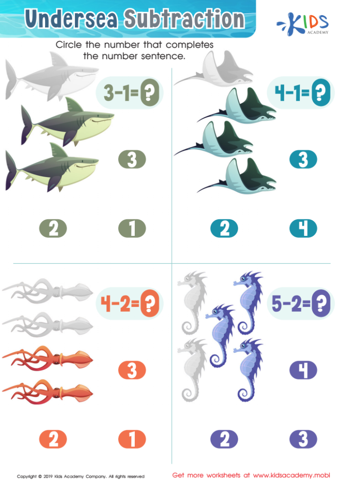 Colorful hula-themed worksheet for third graders practicing subtraction of fractions with the same denominator