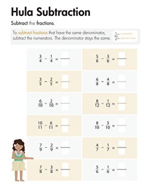 Hula-themed subtraction worksheet for third graders focusing on fractions with the same denominator