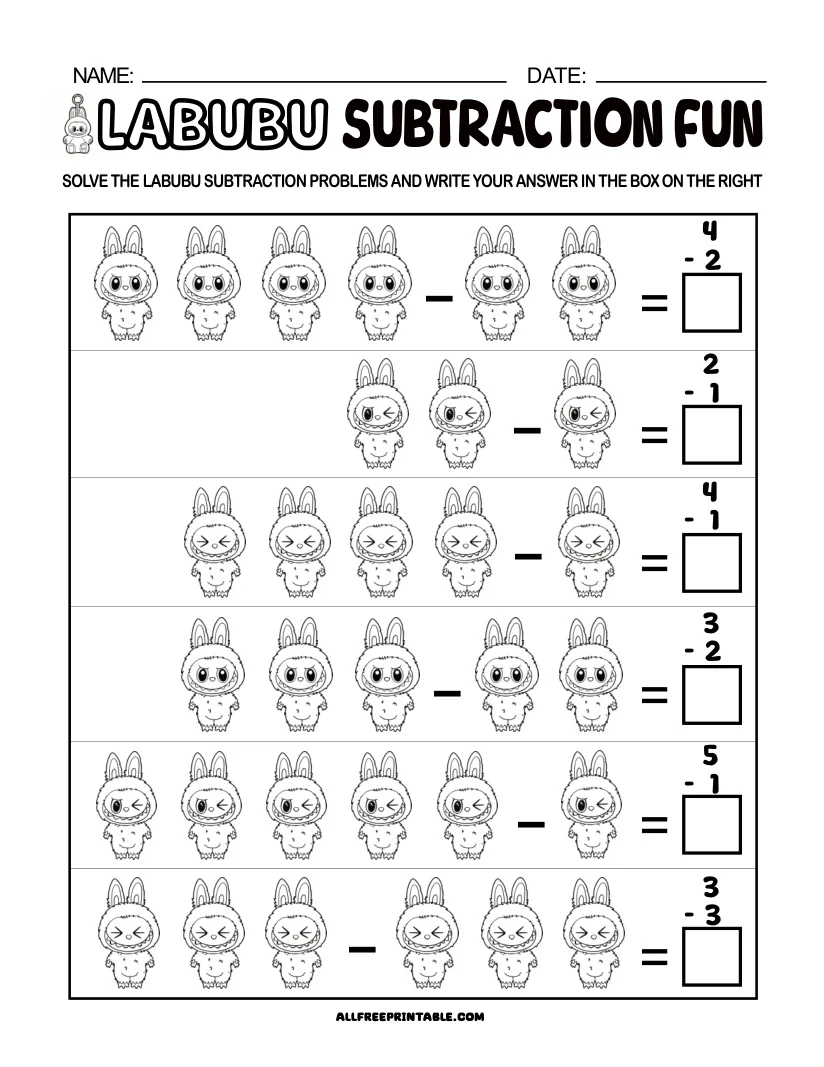 Hula-themed worksheet for practicing subtraction of fractions with the same denominator for third graders