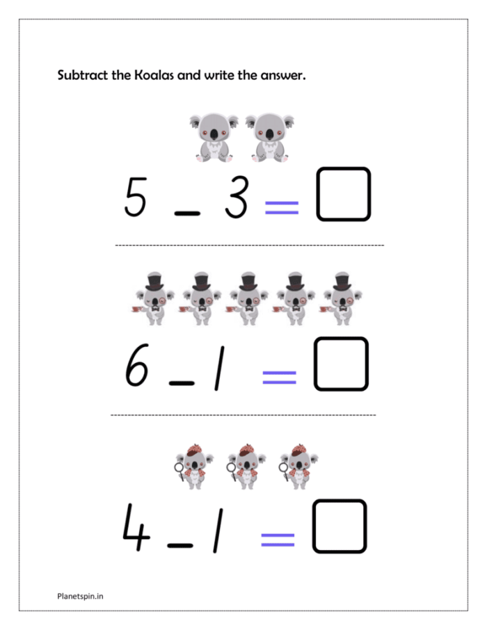 Hula-themed worksheet for third graders to practice subtracting fractions with like denominators