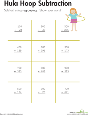 Colorful hula-themed worksheet for third graders focusing on subtracting fractions with like denominators. Fun and engaging math activity designed for young learners.