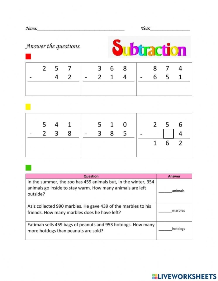 Hula-themed worksheet for third graders practicing subtraction of fractions with like denominators