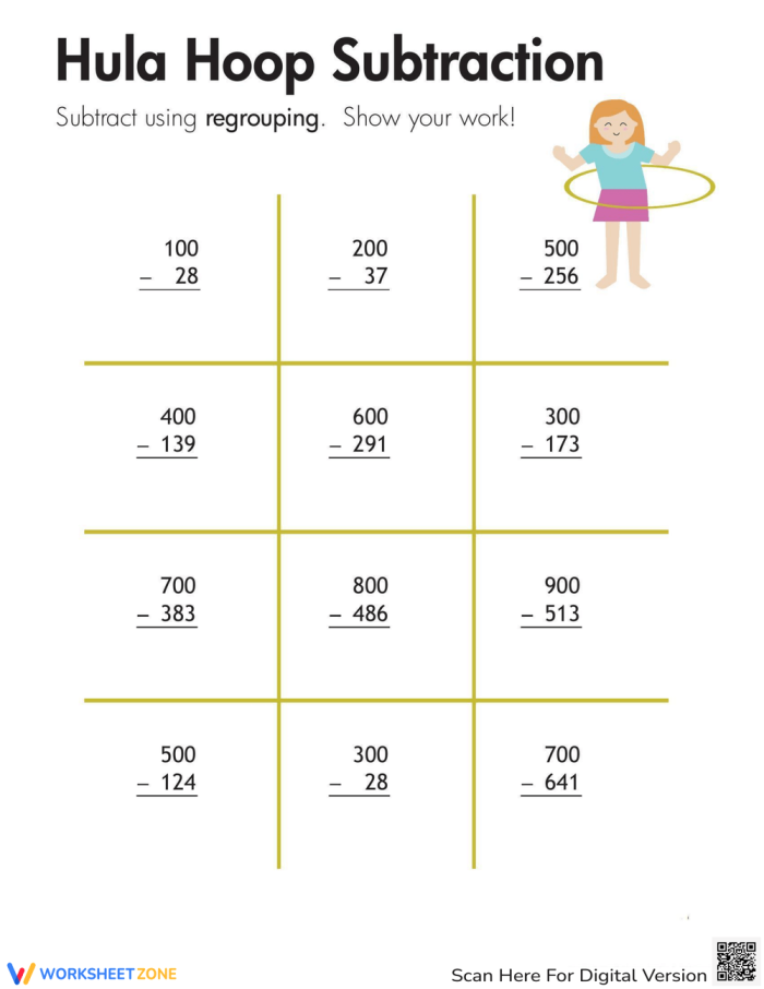 Kids practicing fraction subtraction on a fun hula-themed worksheet for third graders