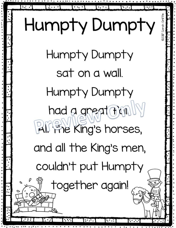Coloring worksheet featuring the Humpty Dumpty nursery rhyme for preschoolers