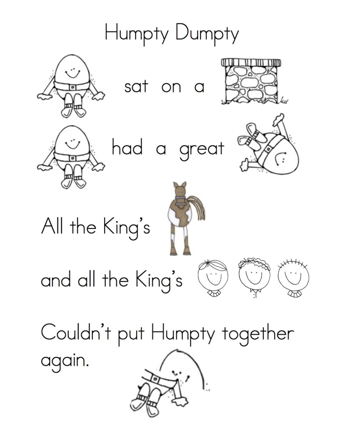Coloring worksheet featuring the Humpty Dumpty nursery rhyme for preschoolers