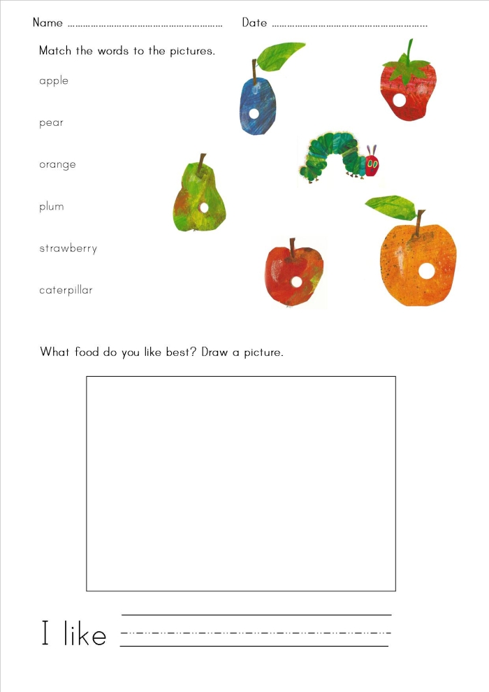 Reading worksheet for Kindergarten Colorful Hungry Caterpillar number maze worksheet for kindergarteners learning to count from 1 to 15. Engaging counting activity featuring a playful caterpillar design.
