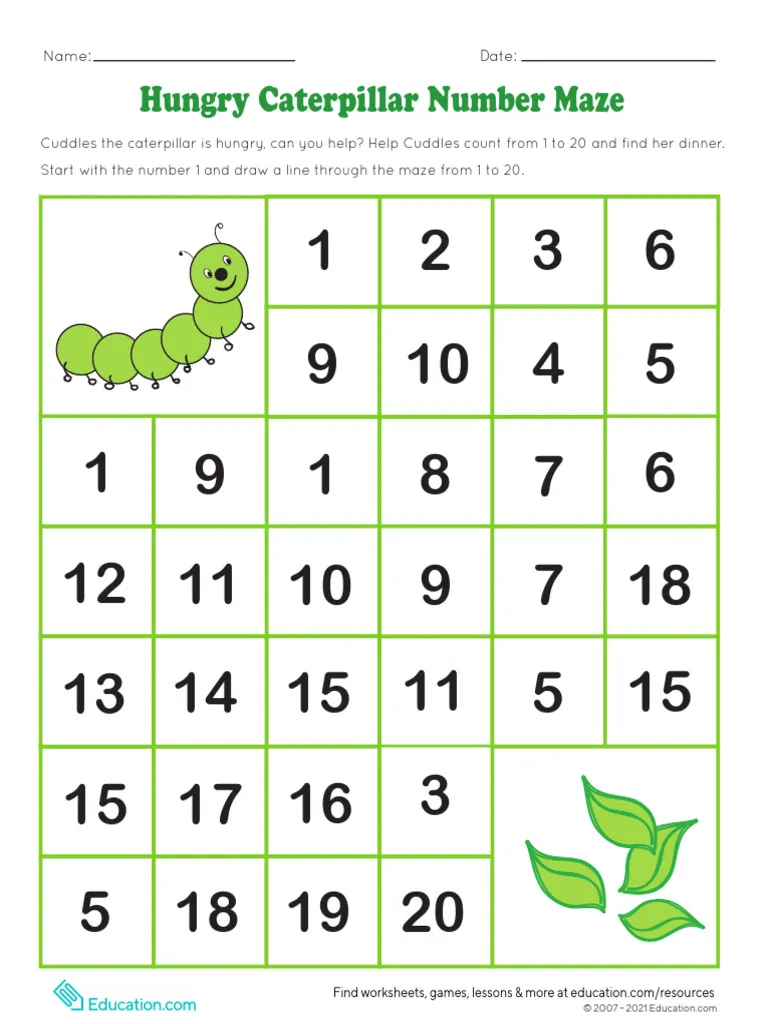 Image title: Engaging worksheet for kids to learn numbers 1 to 15 through a fun caterpillar maze. ALT text: Colorful Hungry Caterpillar Number Maze worksheet designed for kindergarten counting practice.