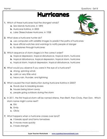 Fifth grade worksheet about hurricanes featuring a sentence with Dorothy and a hurricane