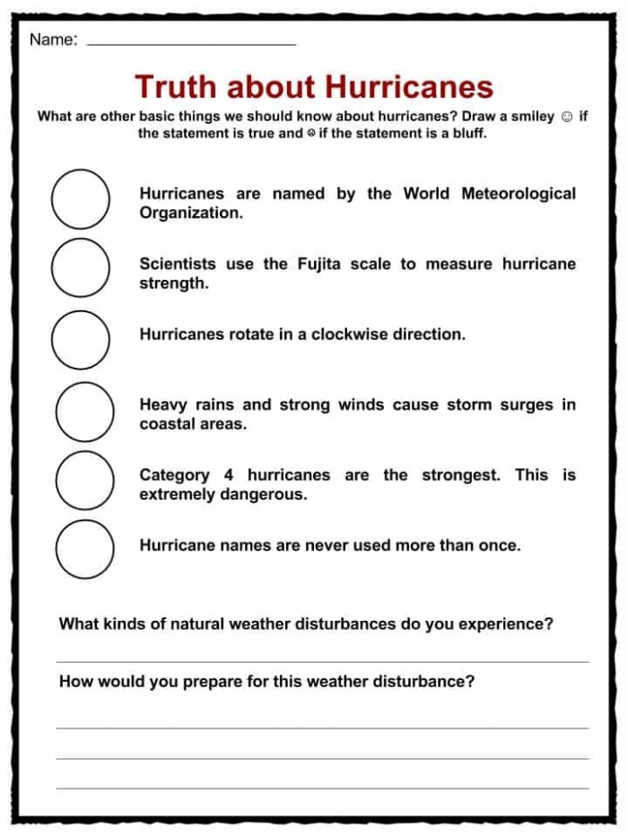 Fifth grade worksheet about hurricanes featuring a sentence with Dorothy and a hurricane