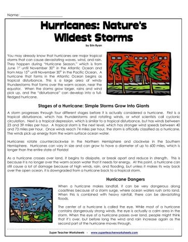Fifth grade Learn About Hurricanes worksheet featuring a sentence about Dorothy and a hurricane