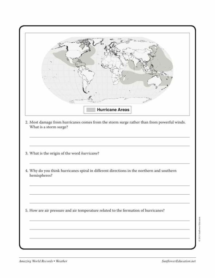 Fifth grade worksheet on hurricanes featuring a scenario about Dorothy and the storm