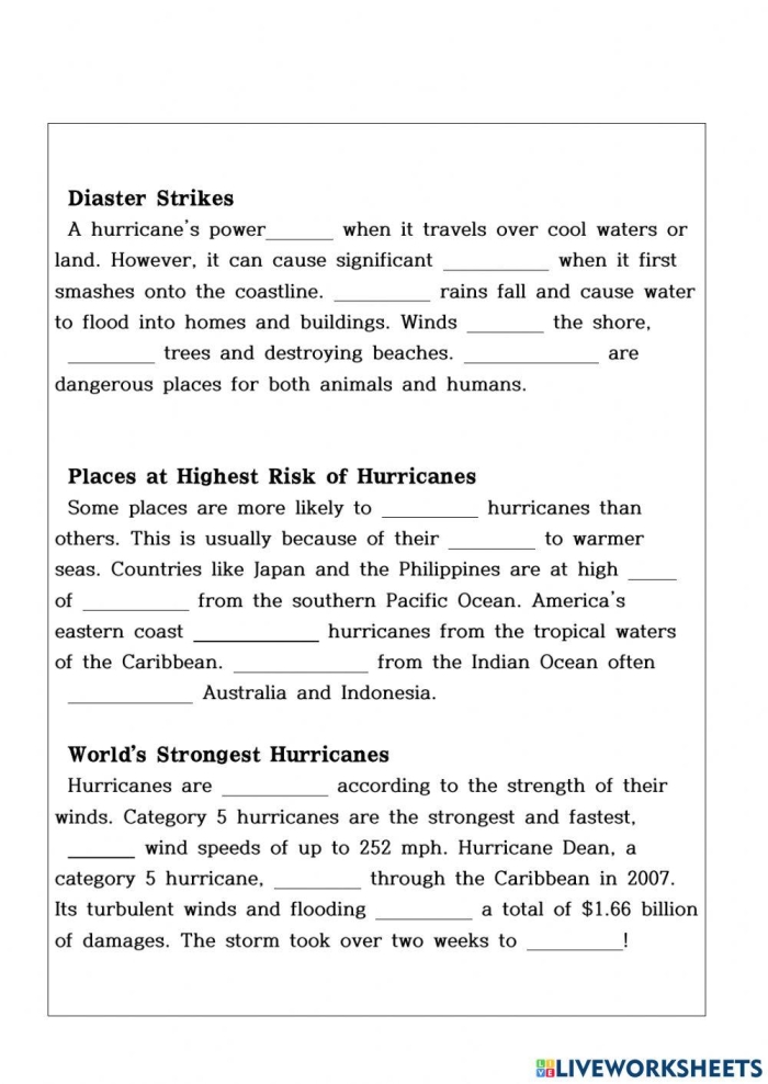 Fifth grade worksheet on learning about hurricanes featuring a fictional scenario with Dorothy