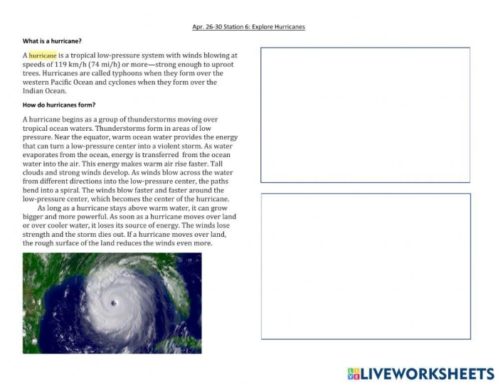 Fifth grade worksheet about hurricanes featuring a story of Dorothy and a hurricane