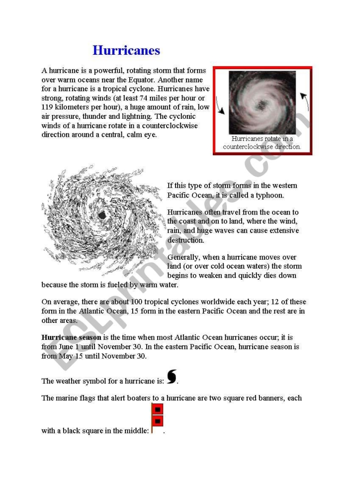 Fifth grade worksheet on hurricanes featuring a story about Dorothy and a hurricane