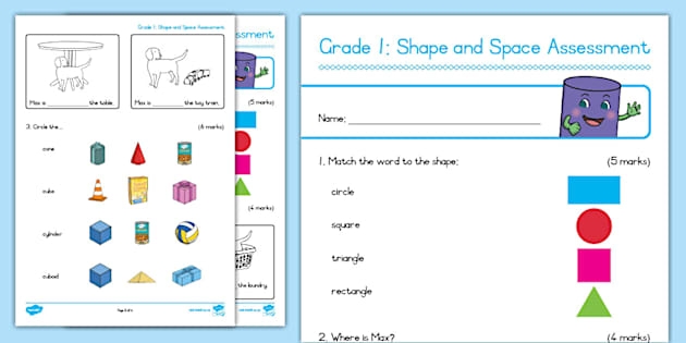 Name That Shape 2D Assessment Activity 23 A kindergarten geometry worksheet showing various 2D shapes including circles, squares, triangles, and rectangles for students to identify and name