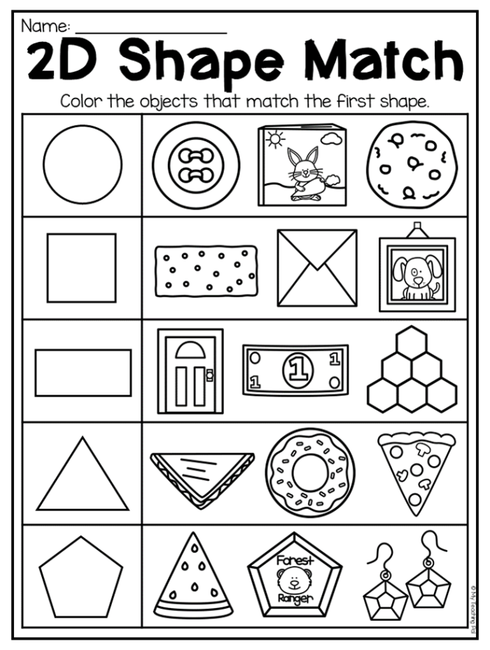 Name That Shape geometry worksheet with colorful 2D shapes for kindergarten learning Kindergarten student worksheet showing various 2D shapes including circles, squares, triangles, and rectangles for shape identification assessment