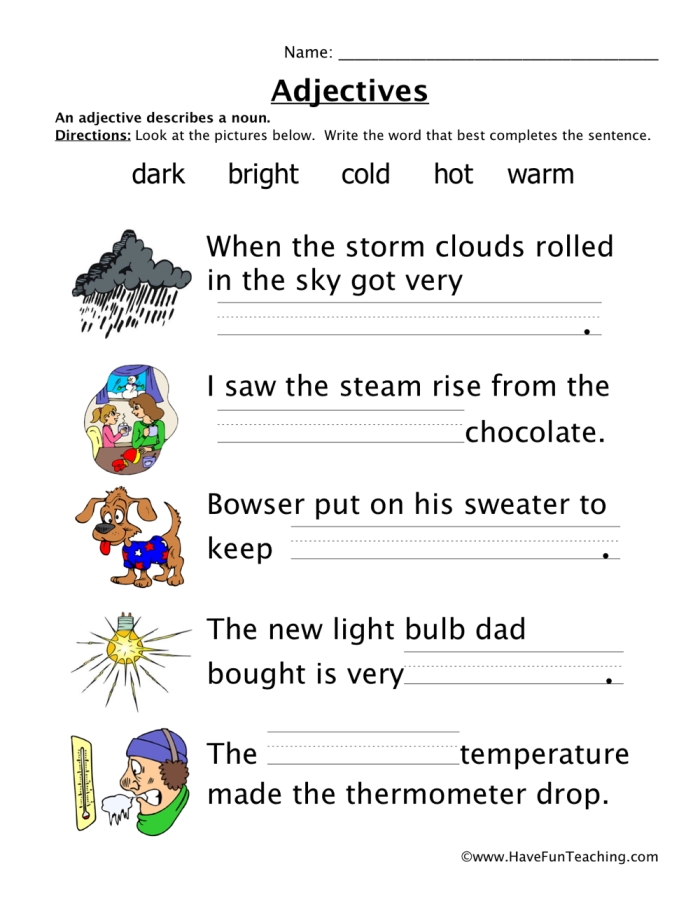 Worksheet featuring an exercise to identify adjectives for various pictures in a first-grade classroom. Identify Adjectives Worksheet for First Grade - Image 16.