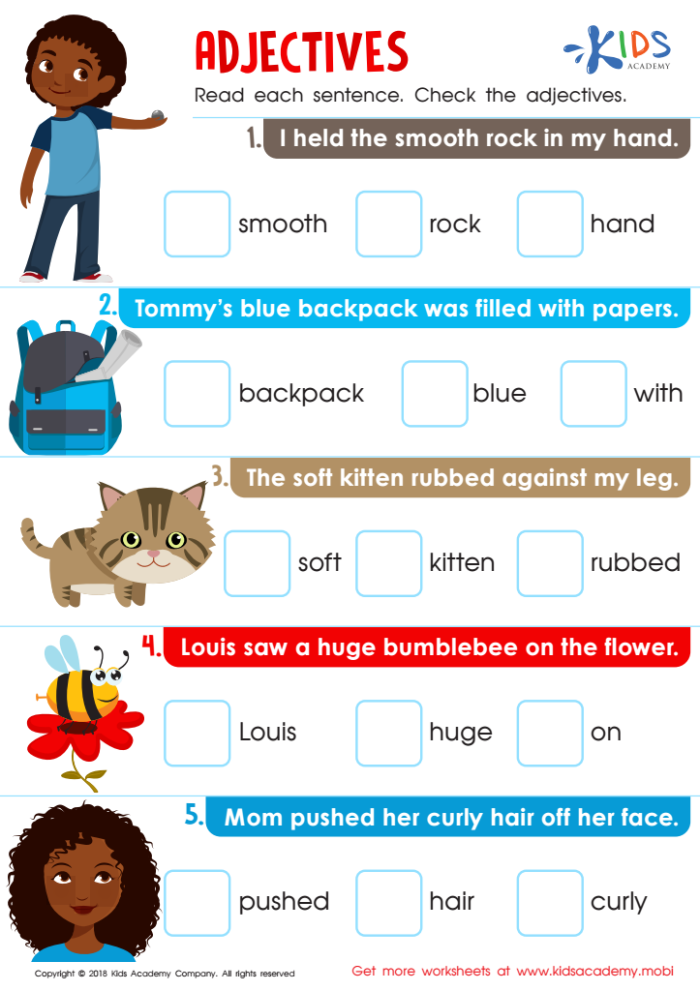 Worksheet showing various images for identifying adjectives