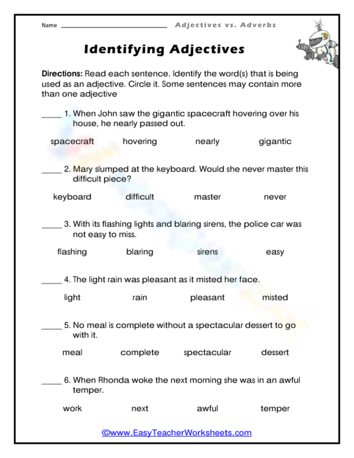 Worksheet showing various pictures for identifying adjectives