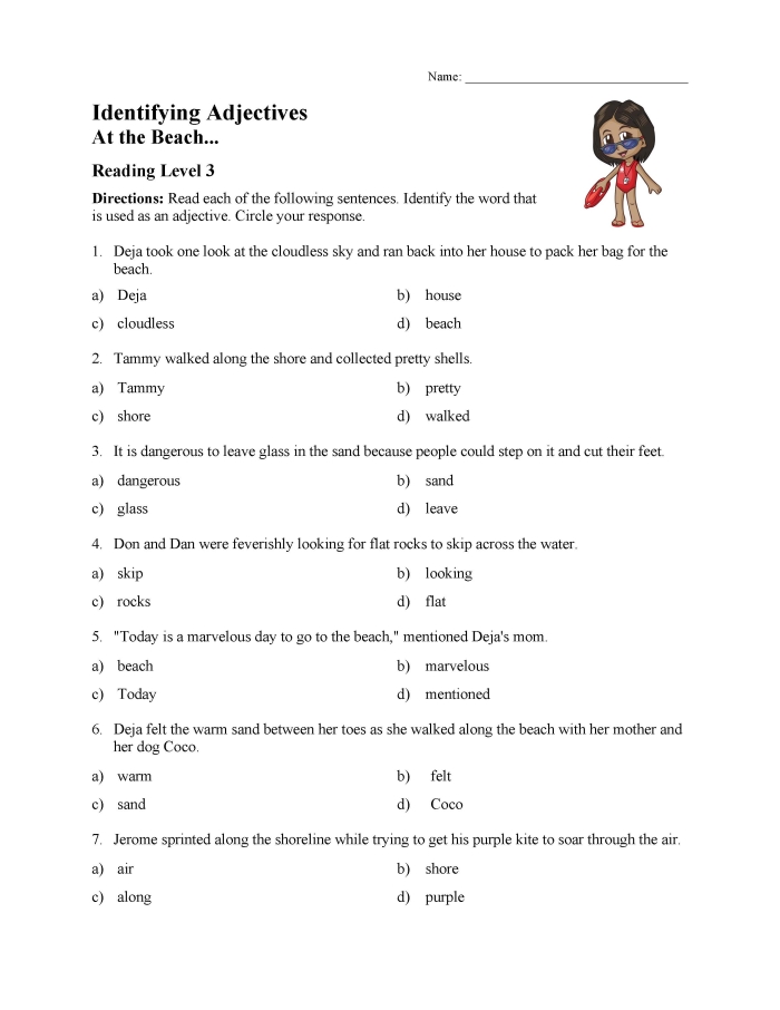 Worksheet featuring a fun exercise to identify adjectives for various images