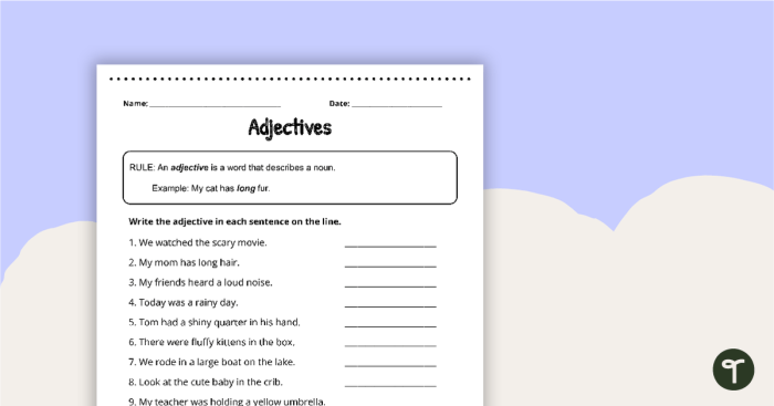 Worksheet for identifying adjectives in images, suitable for first graders learning about fractions. Exercise 18 in the Identify Adjectives series.