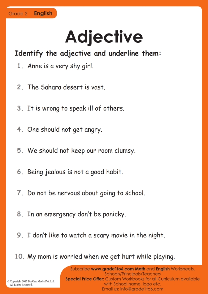 Worksheet showing various images to help first graders identify adjectives. Identify Adjectives Worksheet for First Grade - Exercise 14.