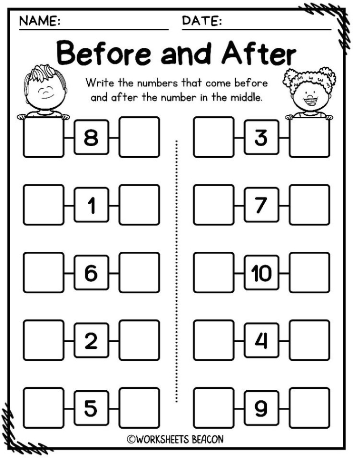 Printable counting practice for young learners with before, after, and between numbers exercise First grade math worksheet focusing on identifying numbers before, after, and between