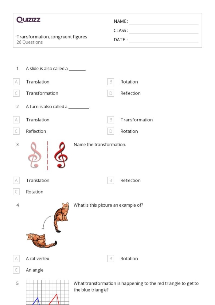Worksheet image for practicing congruent figures and transformations in eighth-grade math Eighth-grade worksheet demonstrating how to identify congruent figures with transformations on a coordinate plane