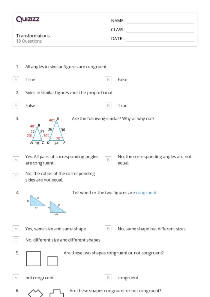 Practice identifying congruent shapes using transformations on a coordinate plane Worksheet featuring transformations to identify congruent figures for eighth graders
