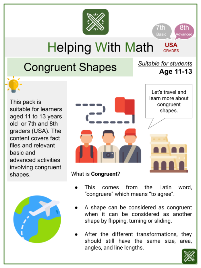 Eighth-grade worksheet on recognizing congruent figures through transformations Worksheet featuring transformations to identify congruent figures on a coordinate plane for eighth graders