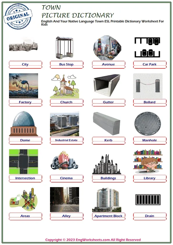 Shapes in Pictures: My Kind of Town - Find the Shapes Activity 23 A colorful cityscape illustration showing various geometric shapes hidden throughout buildings, streets, and objects for children to identify and circle