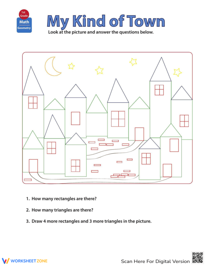 City scene with geometric shapes hidden throughout buildings and street objects for first graders to discover A colorful cityscape illustration showing buildings, windows, and street elements where children can identify circles, squares, triangles, and rectangles