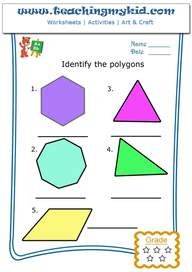 Interactive activity for coloring and recognizing polygons on the Identifying Polygons worksheet Worksheet featuring various shapes for identifying polygons in first grade geometry