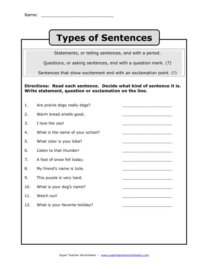 Worksheet for third graders focusing on sentence types related to the beach